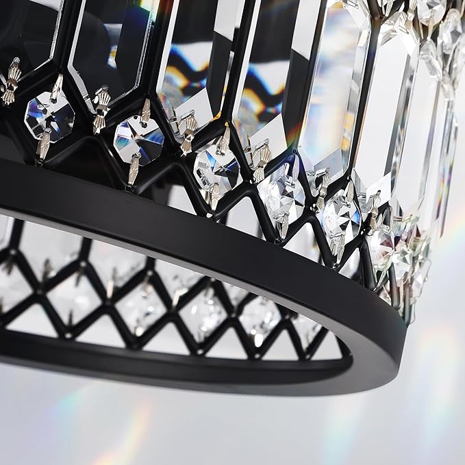 12.6" Crystal Semi Flush Mount Ceiling Light Fixture, 3-Light Antique Black Hallway Light Fixtures, Round Chandelier for Bathroom Entryway Closet Bedroom Kitchen Dining Room