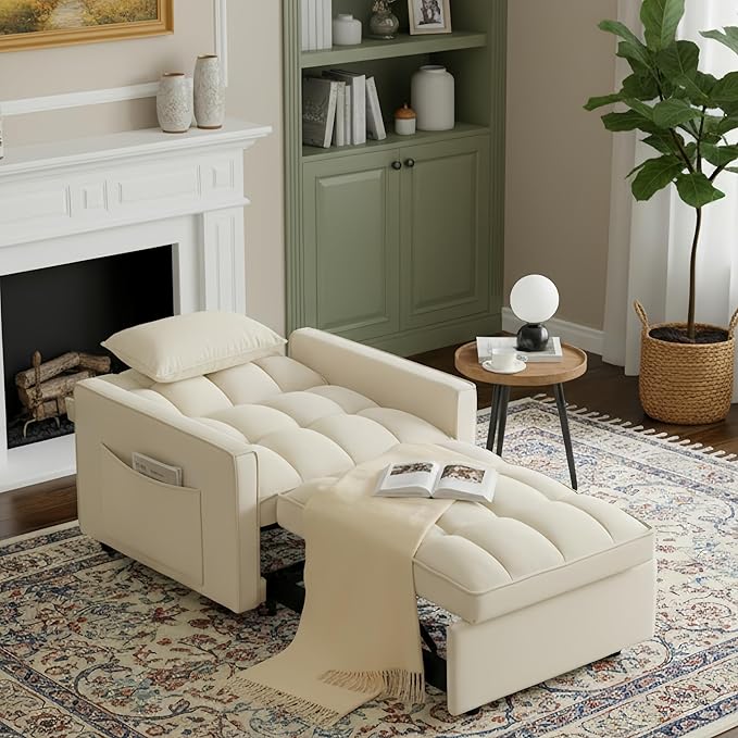 Sleeper Chair, Pull Out Chair Sleeper with Adjustable Back & Pocket, Convertible Chairs Bed Sleepers for Adults, 3 in 1 Sofa Bed Chairs for Small Spaces, Living Room, White