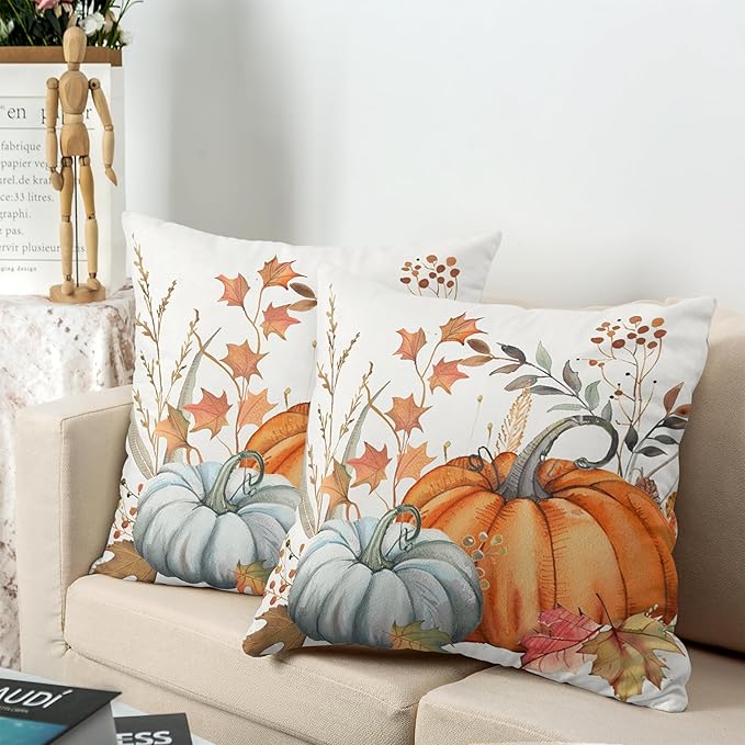 Orange Blue Pumpkin Pillow Covers 24x24 Fall Maple Leaves Throw Pillow Covers Autumn Decorative Cushion Case for Farmhouse Living Room Couch Patio Set of 2