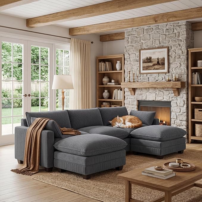 Gizoon 110'' U Shaped Corduroy Comfy Sectional Couches for Living Room 3 Seater Cloudy Sofa with 2 Movable Ottomans Pet Friendly Cloud Couch for for Living Room Bedroom and Apartment, Gray