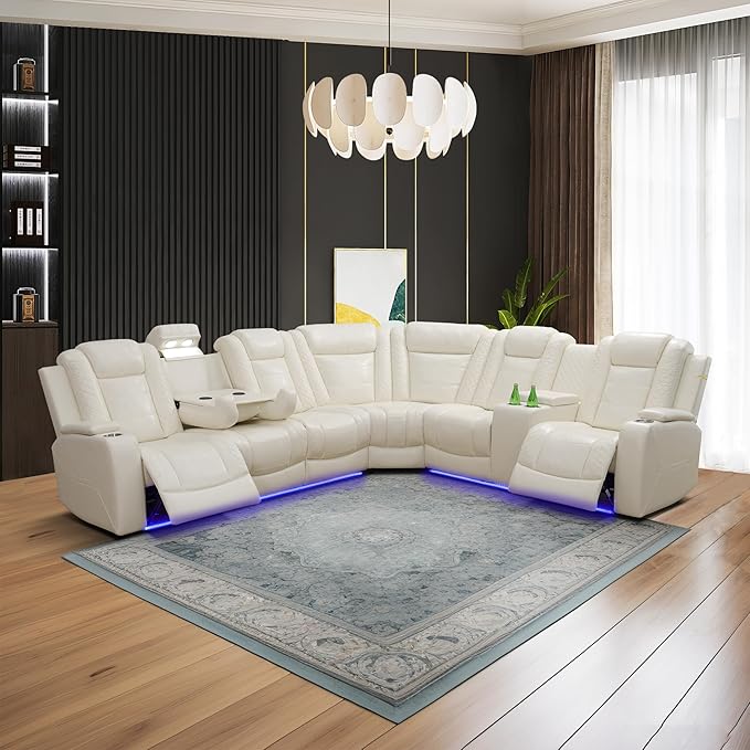 Power Recliner Sectional Sofa Set, Creamy Leather Sectional Couch for Living Room, L Shape Reclining Sofa with Cup Holder, Hidden Storage, Drop-Down Table for House(6 Seat)