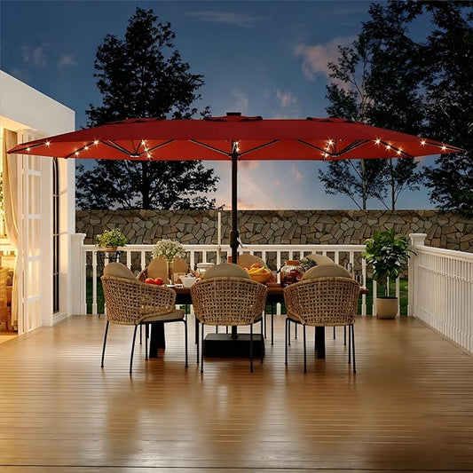 GarveeLife 15 FT Patio Umbrella with Base Included, Patio Table Umbrella with solar lights, 10 Sturdy Ribs UV Protection Waterproof for Garden, Pool, Deck, Backyard (Red)