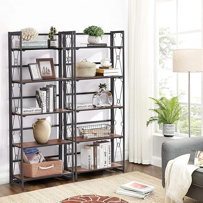 VECELO 5 Tier Bookshelf, Industrial Folding Bookcase with Metal Frames,Modern Standing Storage Rack Shelf Organizer for Home and Office,