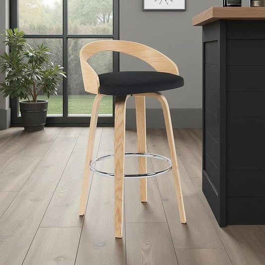 Sonia Modern Swivel Bar Height Stool with Black Upholstered Seat and Patterned Oak Wood Finish Set of 3