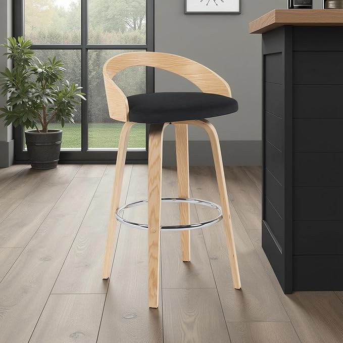 Sonia Modern Swivel Bar Height Stool with Black Upholstered Seat and Patterned Oak Wood Finish Set of 4