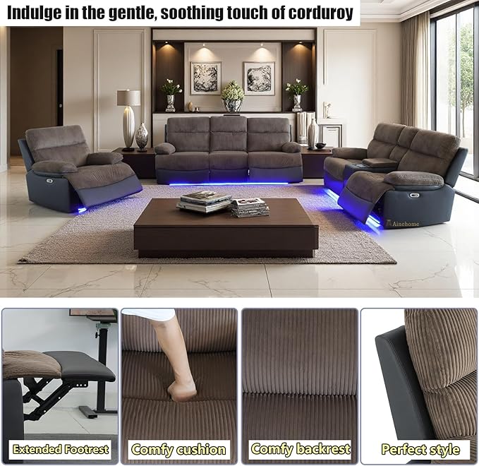 A Ainehome Power Recliner Sofa Set with LED, Corduroy Sofa Sets, 3 Pieces Living Room Furniture Sets, Reclining Sofa Sectional Couches for Living Room with USB Port/Storage Console/Cup Holders