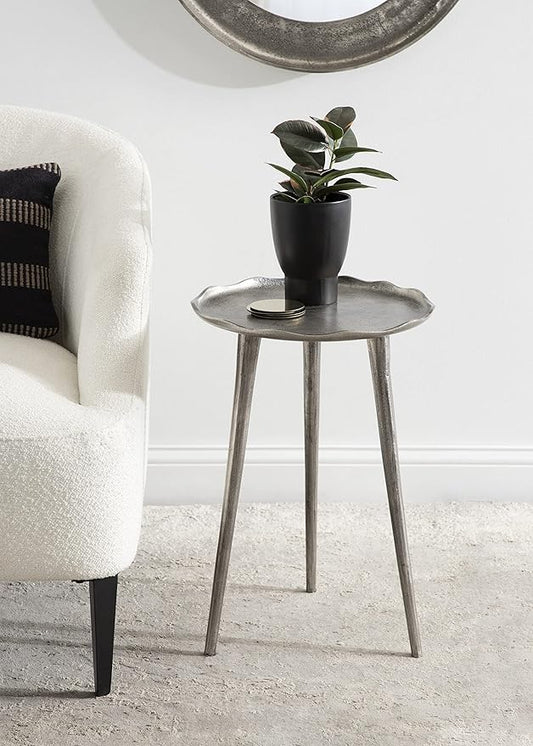 Kate and Laurel Alessia Modern Round Metal Side Table; 15 x 15 x 22; Silver; Decorative Glam Cast Aluminum End Table with Deckled Edge for Bedroom Nightstand or Living Room Accent