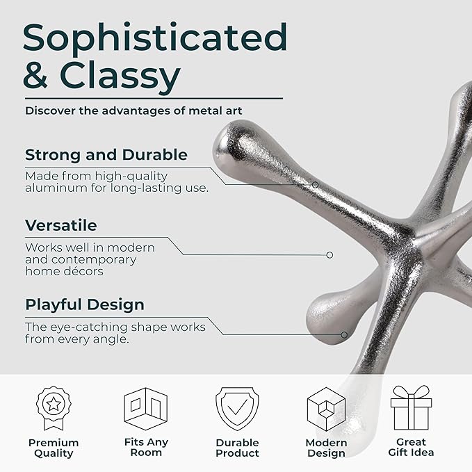 Modern Jacks Sculpture Coffee Table Decor for Living Room – Metal Modern Decorative Accent for Table Top & Shelf – Indoor Home Decor, Stylish Tabletop Accessories Accent Piece – 6", Silver