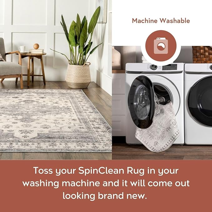 nuLOOM 4' x 6' Machine Washable Stain-Resistant Area Rug with Non Slip Backing, Low Profile for Living Room, Bedroom, and Dining Room, Banks Light Grey