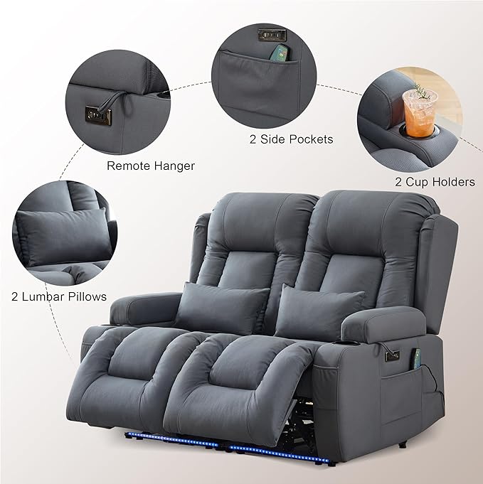 TUNYI Wall Hugger Loveseat Recliner Sofa with Console, Power Reclining Loveseat RV Couch with Massage & Heat/USB/Outlet/Storage/LED Light/Speaker (Blue, Loveseat)