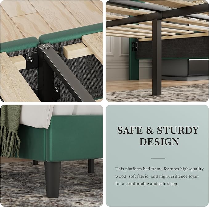 VECELO Full Size Bed Frame with Upholstered Headboard, Heavy-Duty Bedframe with Wooden Slats & Steel Framework, Easy Assembly, Dark Green