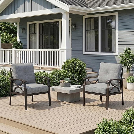 RoyalCraft 2 Pieces Outdoor Single Sofa,All-Weather Patio Metal Armchair,Khaki Metal Furniture with Gray Cushions