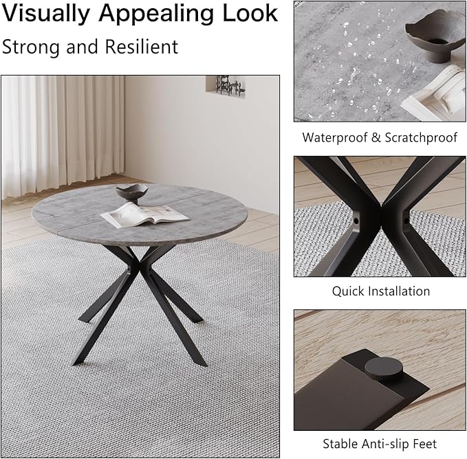 ALBAD 46.4" Round Dining Table, Mid Century Modern Round Dining Room Table for 4-6 with Metal Legs, Easy Assembly Coffee Table, Space-Saving Design for Kitchen and Dining Room