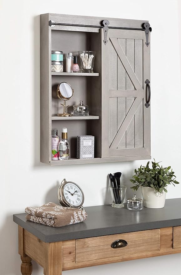 Kate and Laurel Cates Decorative Wood Wall Storage Cabinet with Rectangle Mirror and Sliding Barn Door, 22 x 28, Rustic Gray, Farmhouse Decor for Wall Storage