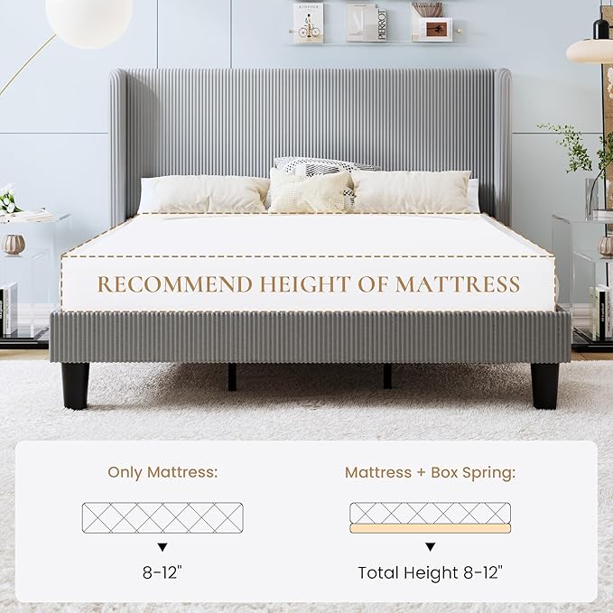SHA CERLIN King Size Corduroy Upholstered Platform Bed Frame with Vertical Channel Tufted Wingback Headboard, 8" Under Bed Storage, Wooden Slats & Metal Frame Support, Easy Assembly, Light Grey