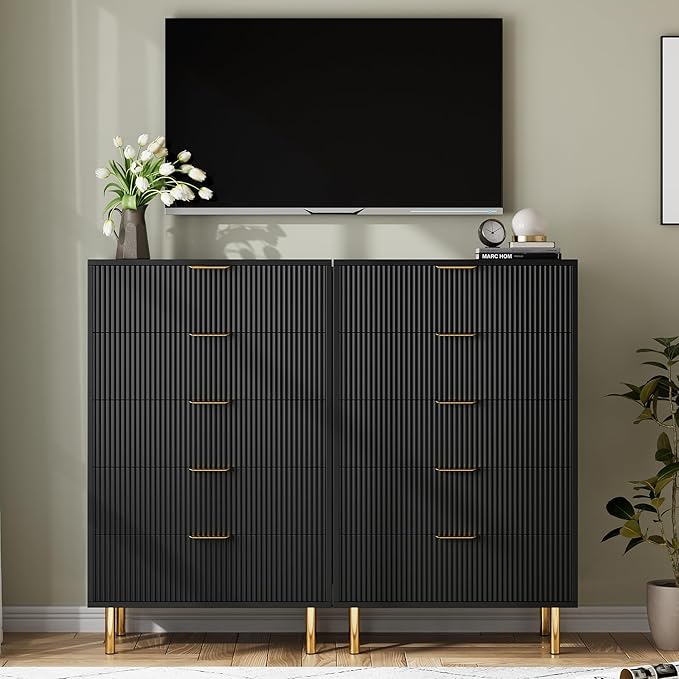 IDEALHOUSE Black Dresser, Modern 5 Drawer Dresser for Bedroom with Gold Handle and Large Drawer, Wood Double Chest of Drawers and Storage Organizer for Living Room, Hallway, Entryway