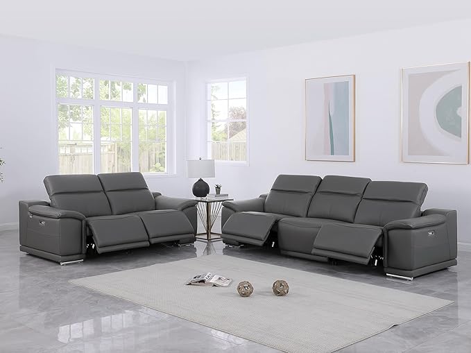 Blackjack Furniture Venice Top Grain Italian Leather Recliner 5 Seater 4 Power Reclining Seater 2 Piece Sofa Set with Adjustable Headrests Modern Seating Sofa and Loveseat for Living Room, Dark Grey