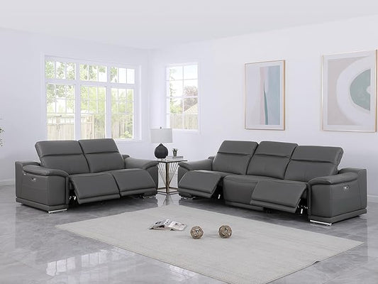Blackjack Furniture Venice Top Grain Italian Leather Recliner 5 Seater 4 Power Reclining Seater 2 Piece Sofa Set with Adjustable Headrests Modern Seating Sofa and Loveseat for Living Room, Dark Grey