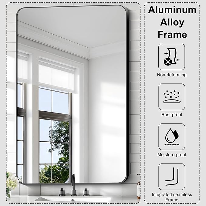 KOCUUY Black Mirror, 30x48 Inch Rectangle Bathroom Mirror with HD Tempered Glass, Anti-Rust Frame, Vanity Mirror with Rounded Corner for Bathroom, Living Room, Entryway, Hang Horizontal/Vertical