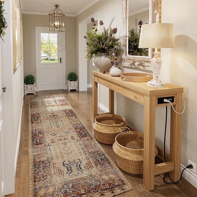 Cyclysio 47" Console Tables for Entryway, Narrow Console Tables for Living Room, Behind Couch Table, Sturdy Wood Support Hallway Table with 3AC+2USB Charging‌ Station, Natural Oak