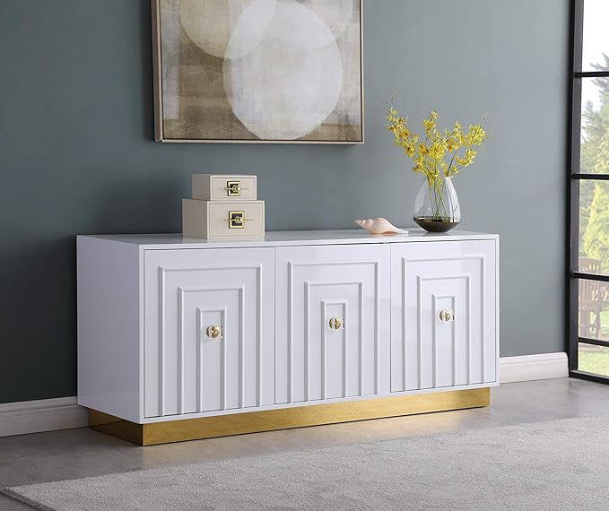 Meridian Furniture Cosmopolitan Collection Modern | Contemporary Sideboard/Buffet with Durable Gold Stainless Steel Base, 70" W x 18" D x 30" H, White Lacquer
