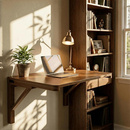 MM MELISEN Wall Desk - 24x16 Inch, Walnut Color Compact Desk for Laundry Room or Kitchen Area. Solid Wood fold-Down Surface for Daily tasks. Stores Flat When not in use