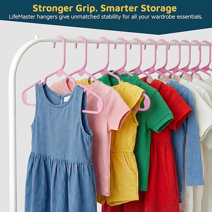 Lifemaster Plastic Kids Clothes Hangers – Children Clothes Hanger with Shoulder Notch, 11.6 Inch Space-Saving Closet Organizer for Baby, Toddler, and Kids Clothing, Hold Up to 5 lbs, Pack of 50, Pink