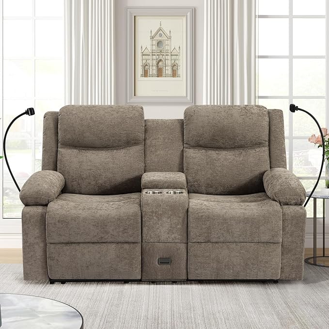 Loveseat Recliner Sofa, Reclining Loveseat with Console, RV Wall Hugger Double Loveseat Recliner Couch for Living Room & Home Theater (Chenille-Camel)
