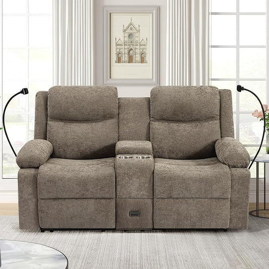 Loveseat Recliner Sofa, Reclining Loveseat with Console, RV Wall Hugger Double Loveseat Recliner Couch for Living Room & Home Theater (Chenille-Camel)