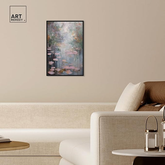 Art Remedy Pink Impressionisty Lilypads Framed Impressionism 1 Piece Canvas Wall Art/Monet And Van Gogh Inspired Art, 17" x 25", Black Frame