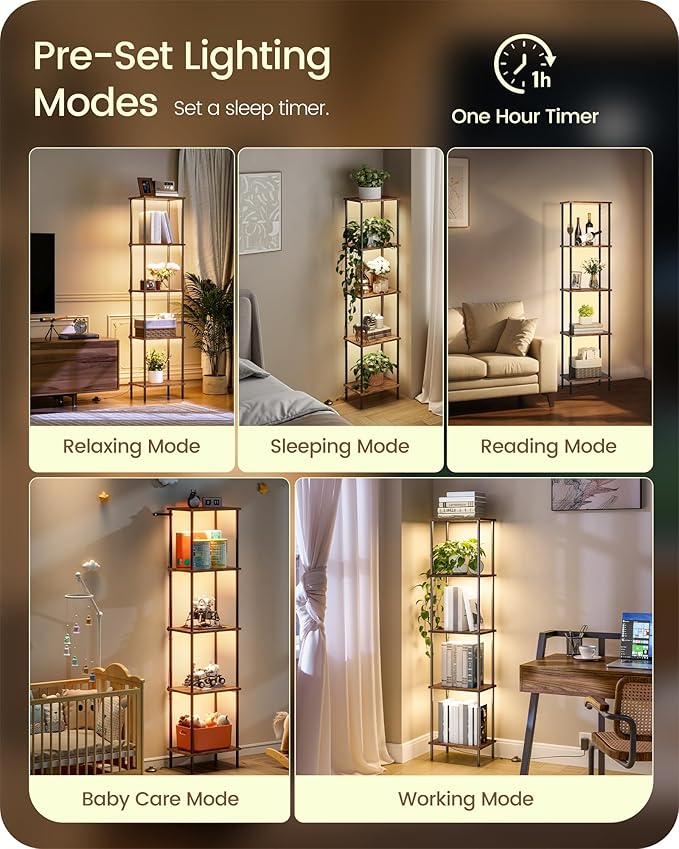 Display Shelf with Light, 5-Tier Modern Shelf Lamp, Corner Floor Lamp with Shelves, Dimmable LED Floor Lamp for Living Room with Remote, 3CCT, Timer, Wooden Corner Shelf Lamp, F52LD05