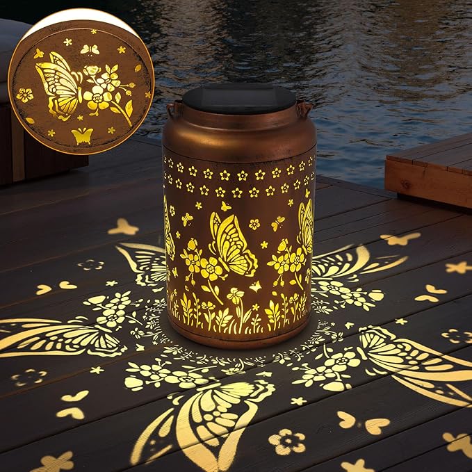 Butterfly Solar Lanterns Outdoor Waterproof, Butterfly Birthday Gifts for Women Mom Grandma, Metal Hanging Solar Lights Outside Decorations for Garden Patio Porch Backyard Garden Decor
