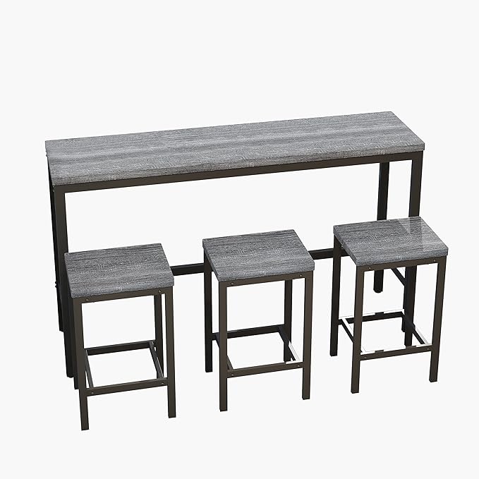 Merax 4-Piece Counter Height Extra Long Dining Table Set with 3 Stools and Footrest, Modern Design Kitchen Dining Table, Pub Table, Long Dining Table Set, Light Gray