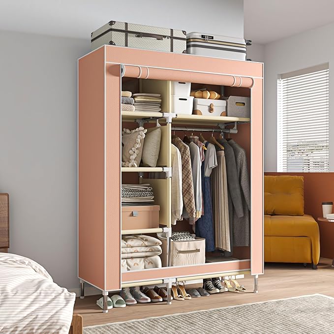 Portable Wardrobe, Simple Wardrobe, with 5 Shelves, Hanging Rod and Non-Woven Fabric Cover, Suitable for Small Spaces.(Pink, 41.3 in)
