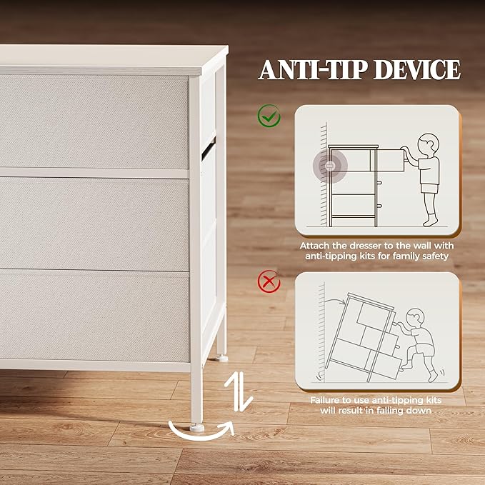 Huuger 63 Inch Dresser for Bedroom, Long Dresser with 10 Fabric Drawers, TV Stand for 55, 65, 70 Inch TV, Toy Storage Organizer for Closet, White