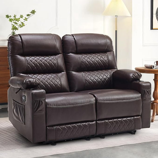 MCombo 56.3" Zero Gravity Power Loveseat Recliner with Heat and Vibration Massage, Reclining Loveseat Sofa with USB Ports, Cup Holders for Living Room, Faux Leather PR622Sets (Dark Brown)