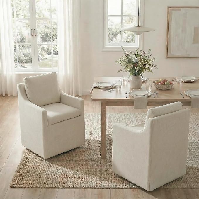 Upholstered Dining Chairs Set of 2, Modern Dining Room Chairs with Casters & Washable Cover, Rolling Accent Chair with Hidden Storage for Kitchen, Farmhouse, Living Room, Beige, 2 Box