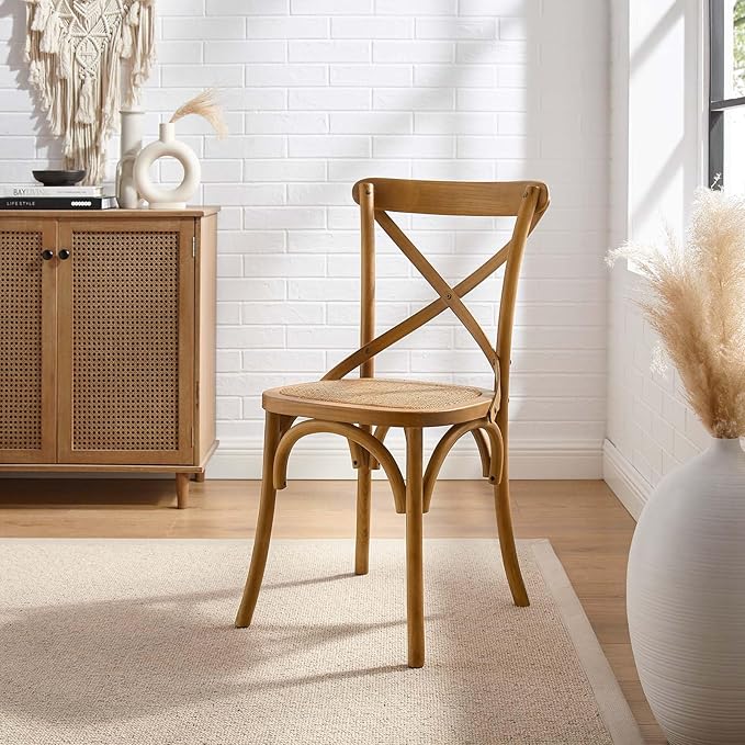 Modway Gear Rustic Modern Farmhouse Elm Wood Rattan Dining Chair in Walnut