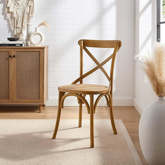 Modway Gear Rustic Modern Farmhouse Elm Wood Rattan Dining Chair in Walnut