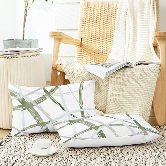 CaliTime Throw Pillow Cases Pack of 2 Cozy Fleece Arc-Shaped Abstract Geometric Lines Decorative Cushion Covers for Couch Bed Sofa Farmhouse Decoration 12 X 20 Inches Sage Green Grey