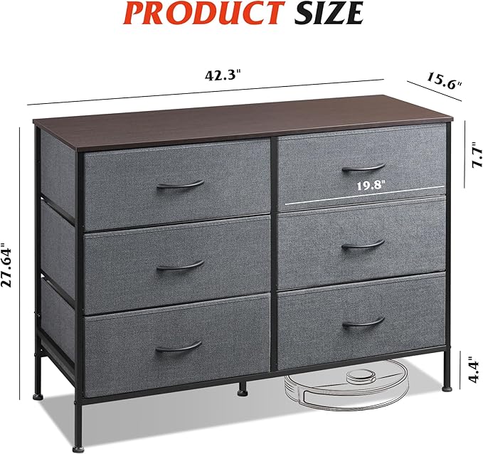 WLIVE Dresser for Bedroom with 6 Drawers, Wide Dresser TV Stand for 50 Inches TV, Gray Dresser with Metal Frame, Wooden Top, Fabric Dressers for Bedroom, Living Room, Hallway, Dark Gray