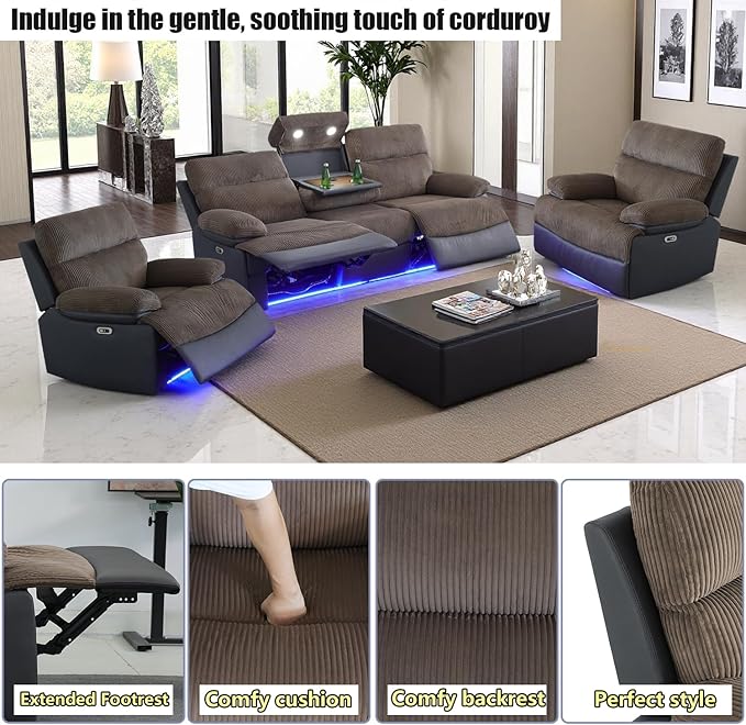 A Ainehome 3 Piece Power Recliner Sofa Set with LED, Power Reclining Sofa and Chair Set, Corduroy Couches Sectional Recliner Chair for Living Room with USB Port/Storage Console
