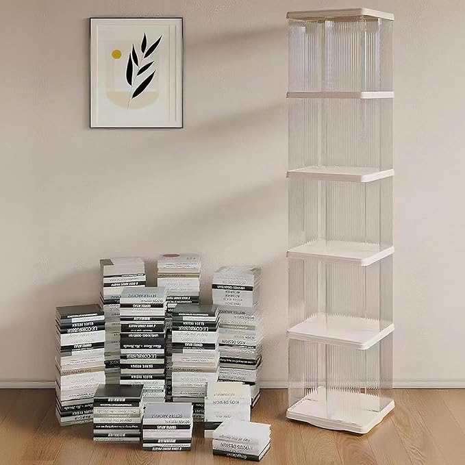 5 Tier Rotating Bookshelf Tower, 360° Rotating Bookshelf, Space Saving Rotating Bookshelves, Revolving Bookcase Suitable for Bedrooms, Living Rooms, Studies and Offices, White, Lazy Susan