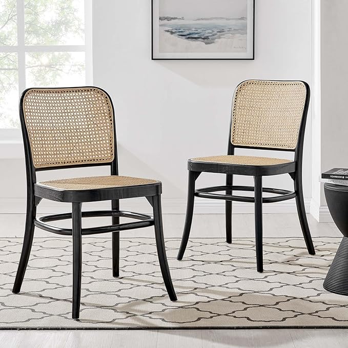 Modway Winona Elm Wood Cane Rattan Seat, Dining Side Chair - Set of 2, Black