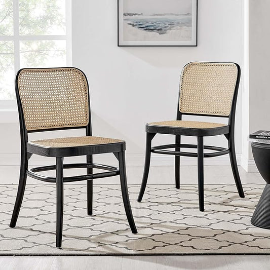 Modway Winona Elm Wood Cane Rattan Seat, Dining Side Chair - Set of 2, Black