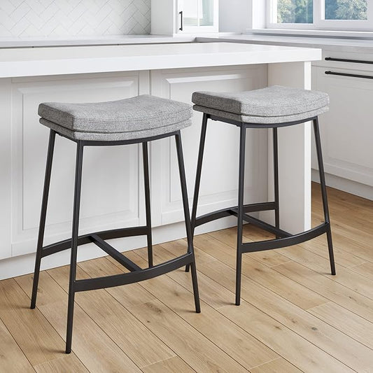Arlo Modern Backless Upholstered Kitchen Counter Bar Stool with Double-Layered Saddle Seat and Black Metal Base, Grey/Matte Black, Set of 2