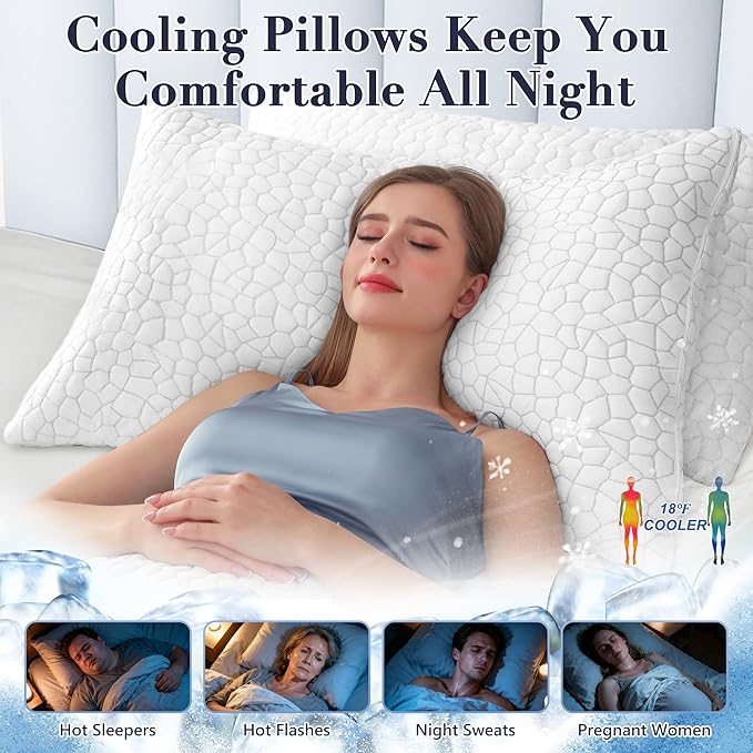 Yettbea Adjustable Shredded Memory Foam Pillows Queen Size Set of 2, Luxury Cooling Bamboo Rayon Pillow w/Washable Zippered Cover, Soft or Firm Support Bed Pillow for Side, Back, Stomach Sleeper