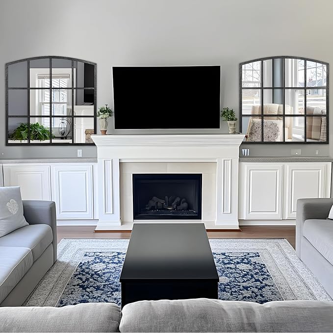 Hand-Forged Black Window Pane Mirror, 36 Inch Wide Window Mirror, Metal Frame Arched Decorative Mirrors, Antique Grid Wall Mirrors for Living Room, Bedroom, Entryway