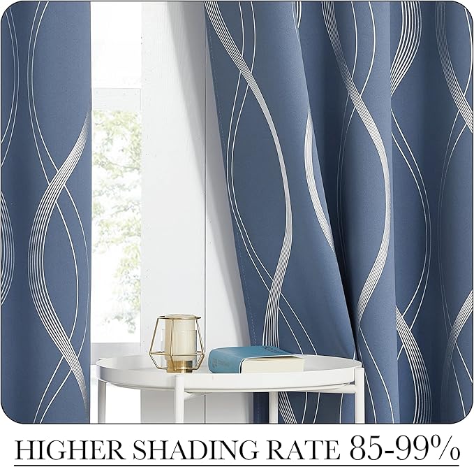 NICETOWN Blackout Short Curtains Panels for Bedroom, Microfiber Noise Reducing Thermal Insulated Wave Line Foil Print Design Blackout Curtains for Office, Classroom (Stone Blue, 2 Panels, 52 x 45)