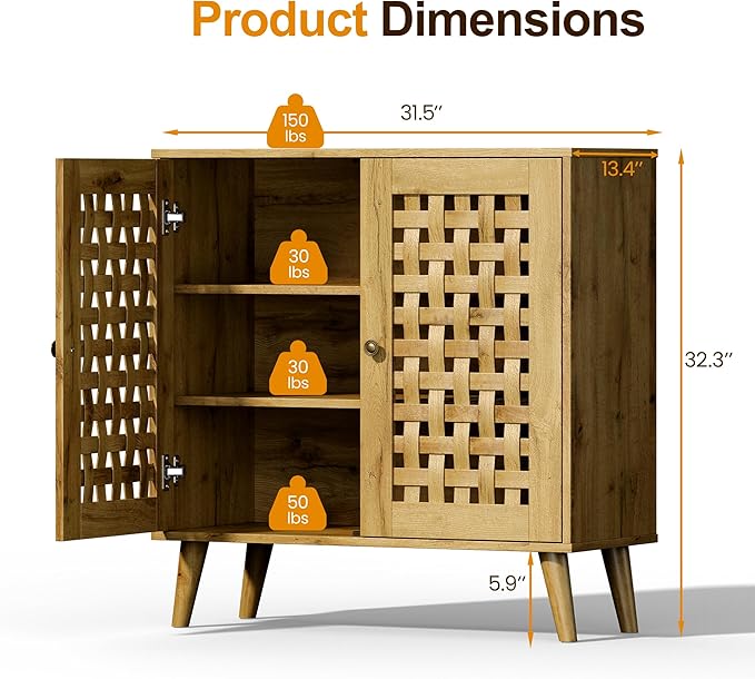 Vintage 2-Door Storage Cabinet Set of 2, Basket Weave Wooden Doors, Kitchen Sideboard with Adjustable Shelves, Coffee Bar Cabinet for Living Room, Hallway, Entryway, Natural Wood Color
